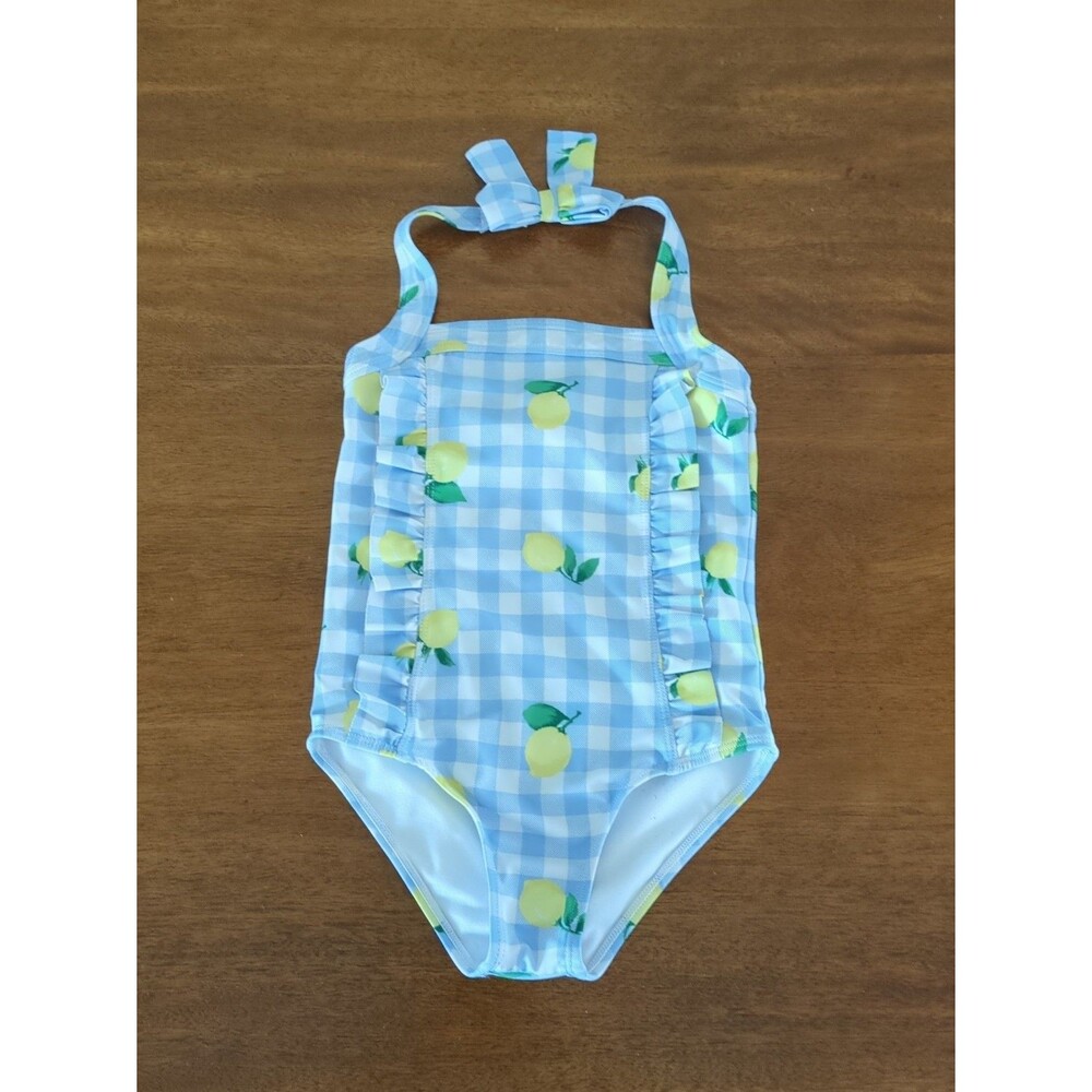 Janie and Jack Girls Recycled French blue Lemon Gingham Halter Swimsuit  6 EUC